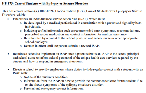 HB 173: Care of Students with Epilepsy or Seizure Disorders